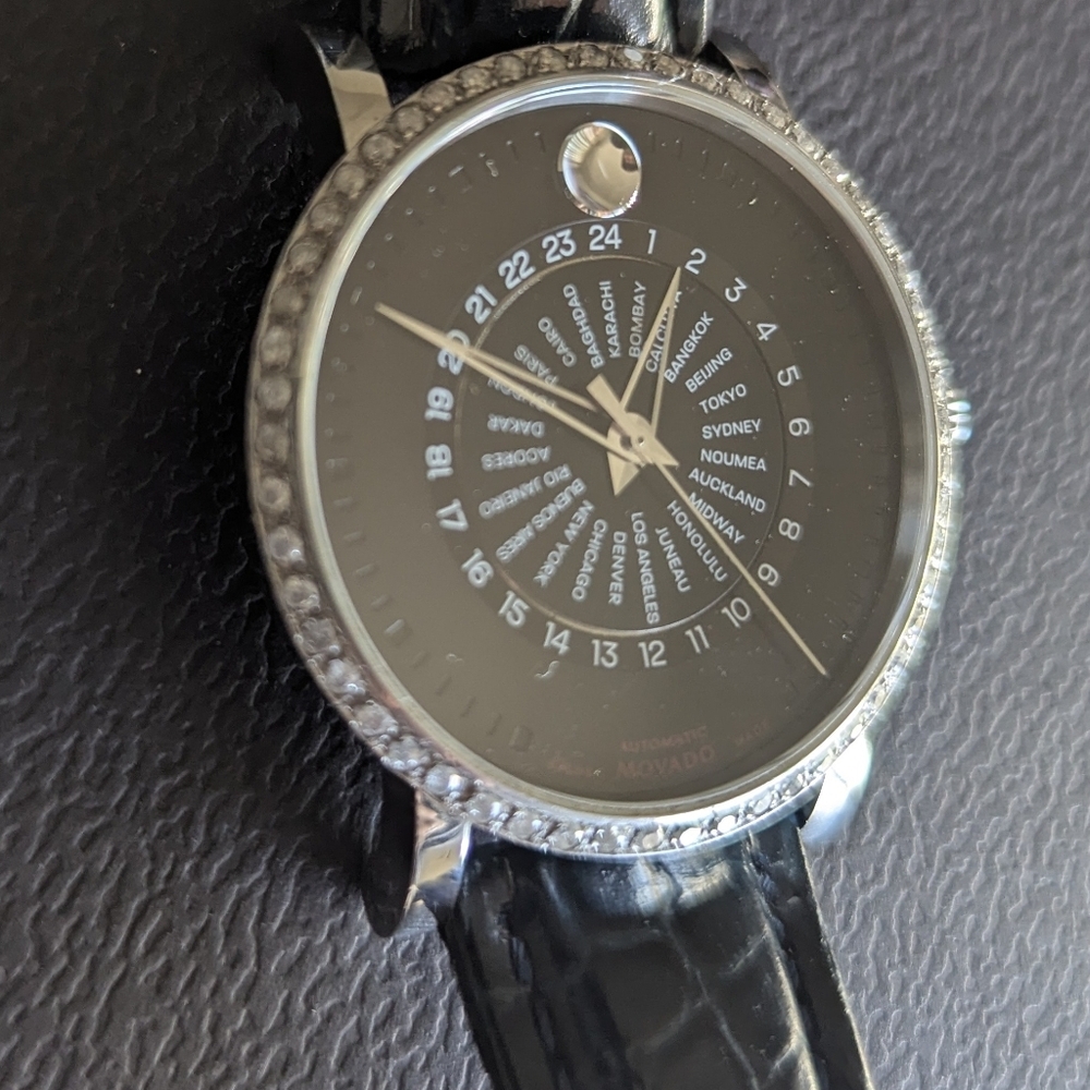 Movado Black and Silver World Time Watch